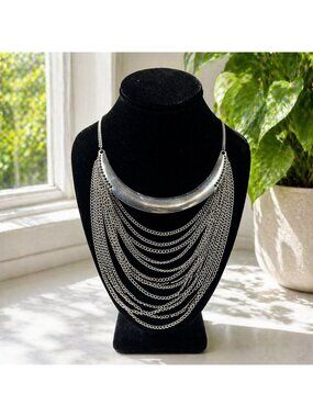 Silver Multi-Layered Chain Statement Necklace With Crescent Pendant Lobster Clas